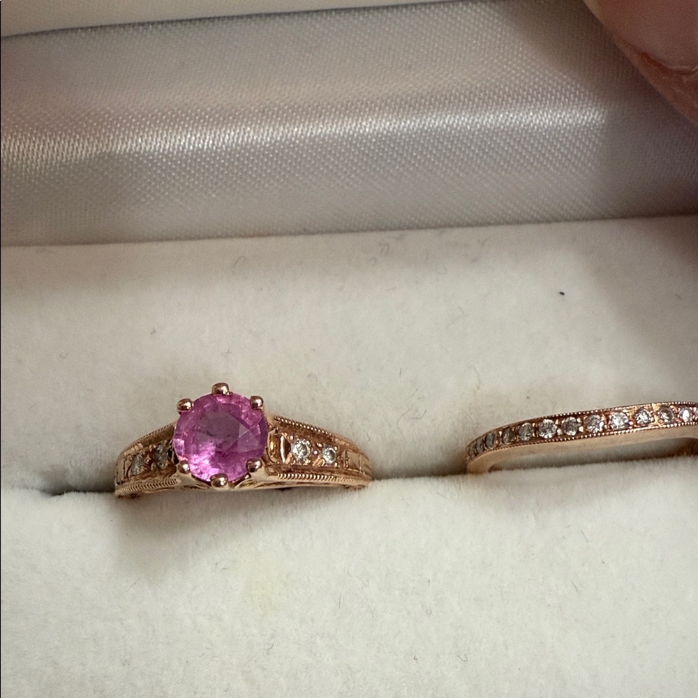 Rose gold with real pink Sapphire and diamonds set. 14k rosegold.NOT plated. - Picture 6 of 9